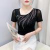 New Summer Women's T-shirt Sexy Skew Collar Shiny Diamonds Tees Fashion Female Short Sleeves Slim Mesh Tops Blouse