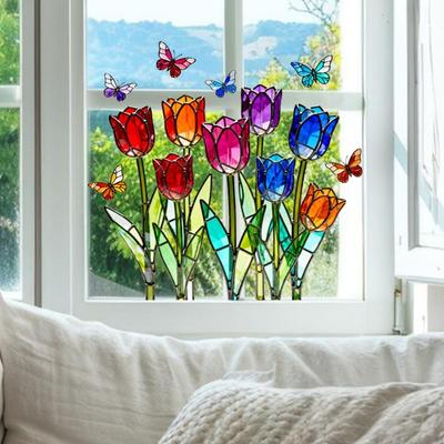 Tulip Stained Glass Window Film Decorative Tulip Bouquet Butterfly Window Cling Reusable Static Glass Sticker for Bathroom Living Room