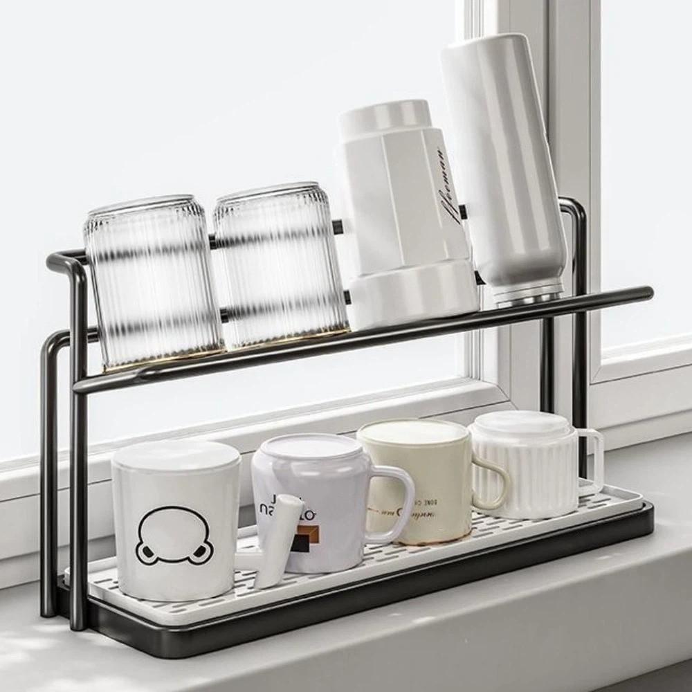 Sink Storage Rack 2Layer Cup Storage Rack Carbon Steel Cup Storage Tray Drain Cup Rack  Home