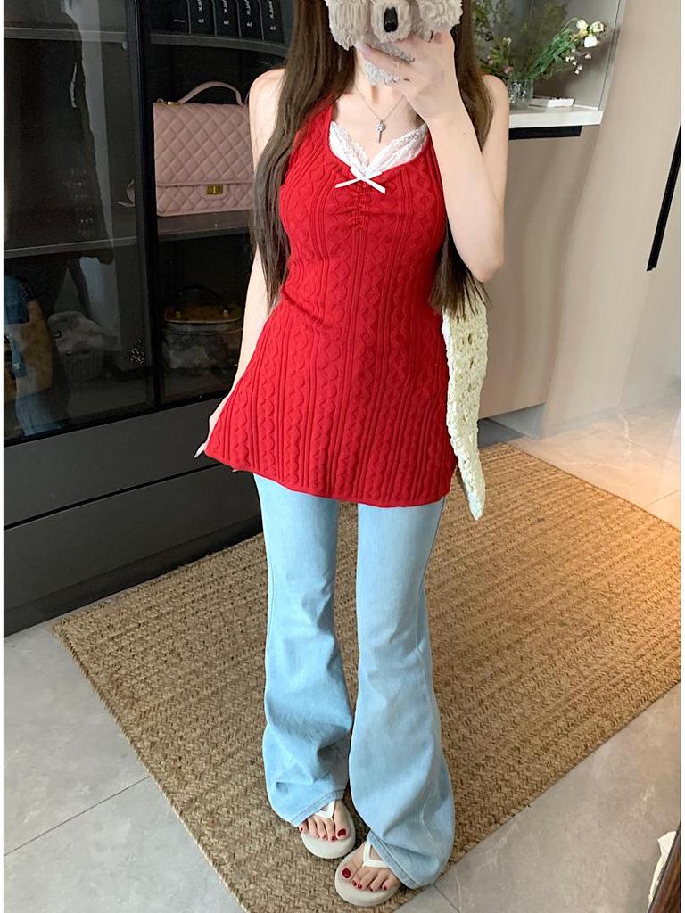 Korean Style Lace Knit Slim-Fit Vest Blouse for Women - Summer Casual Solid Color Pullover