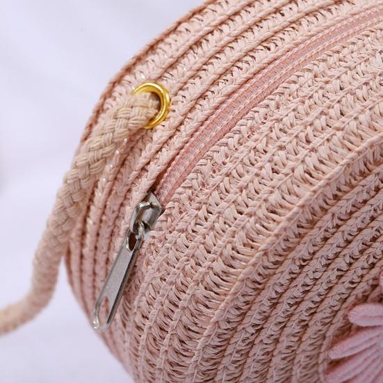 Children Shoulder Bag Straw Woven Flower Decor Pastoral Style Crossbody Bag Zipper
