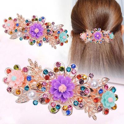 1 Stück Neue Kristall-Haarnadel, Metall-Feder-Haarnadel, farbenfrohes blütenförmiges Imitations-Diamant-Haaraccessoire, geeignet für Mädchen zur Verwendung