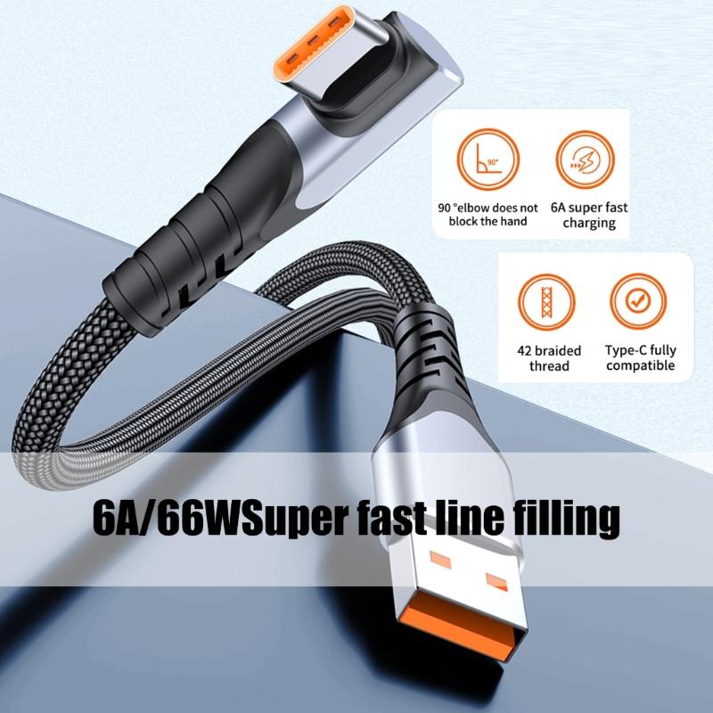 Durability Braided USB to USB C Cable for Phone 15/16 6A 66W Charging Cord Data Transmission with Right Angle Design
