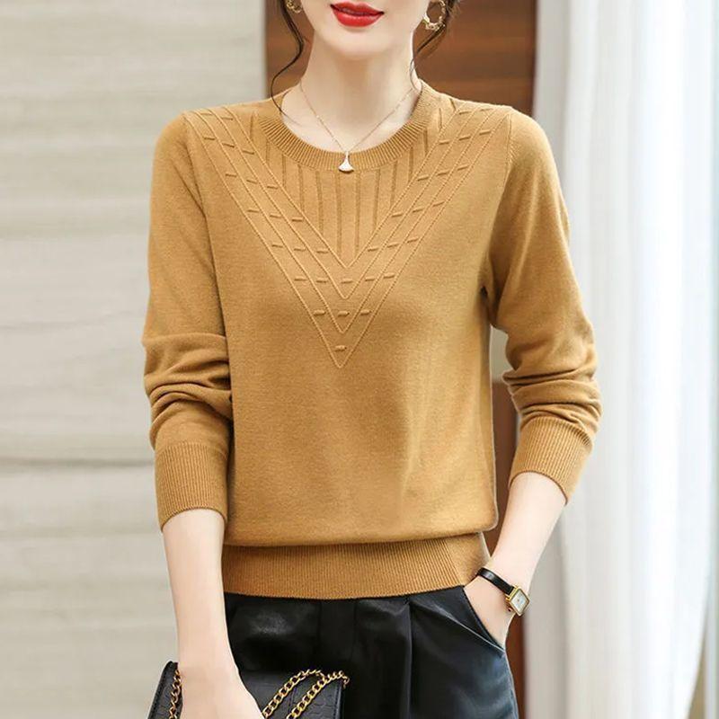 Round Neck Fashion Long Sleeve Knitted Sweater Autumn Spring Thin Section Versatile Fashion Outerwear Slim Loose Sweater Shirt Bottom Top