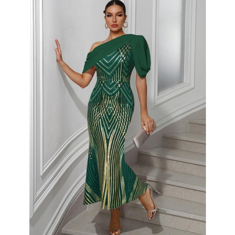 Womens One Shoulder Sequined Geometric Print Mermaid Evening Dress