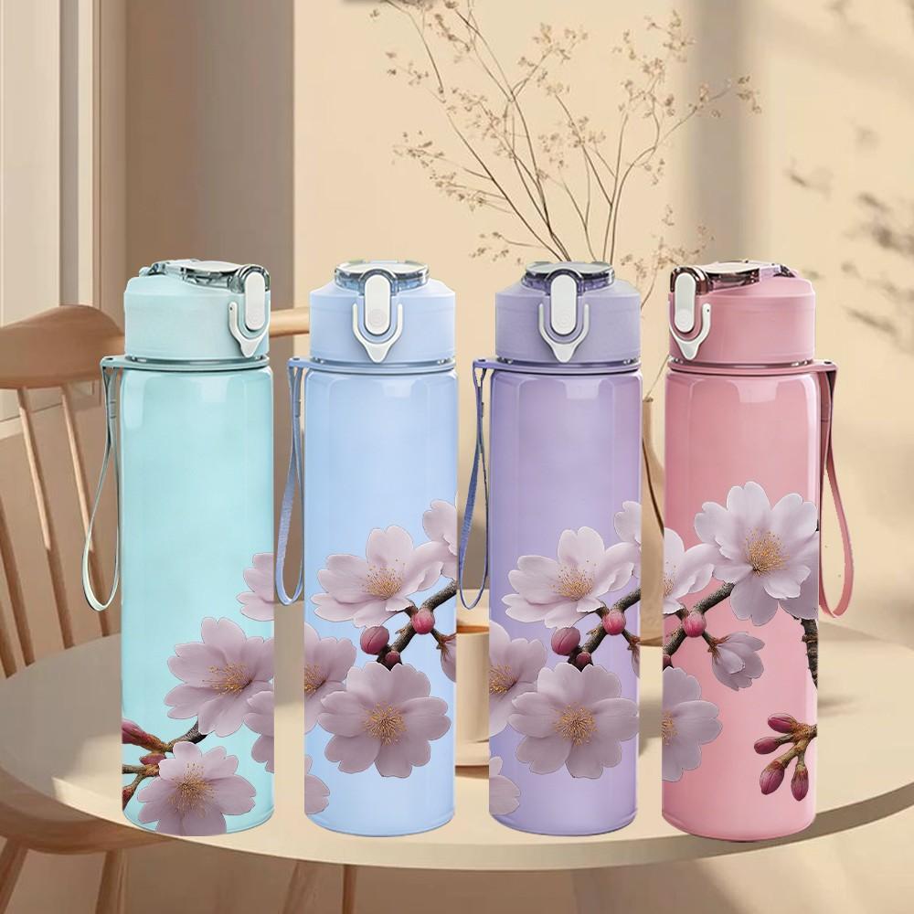 1PC Cherry Blossom Twig Floral Layout 750ml Color Plastic Sports Water Bottle Leakproof Flip Straw Lid For Sports Office Home Use