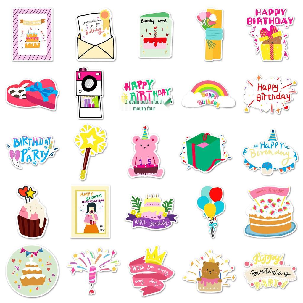 50 Waterproof Cartoon Birthday Stickers for Kids - DIY Journal, Card Making, and Water Cup Decoration