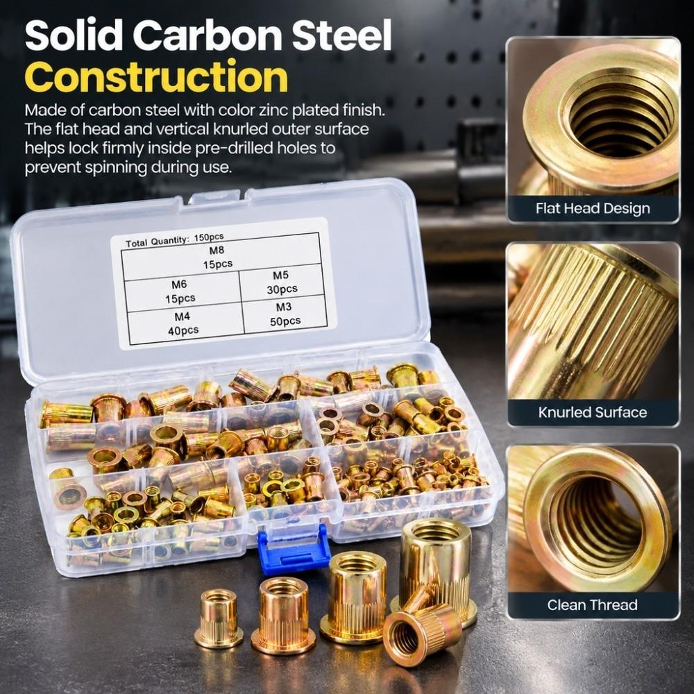 150PCS Gold Rivet Nuts Assortment Steel Threaded Rivnuts Knurled Nuts Set Industrial Applications