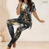Women Plus Size Round Neck Short Sleeve Geometric Printed Black Gold Gray Two Piece Set Long Top And Fitted Pants