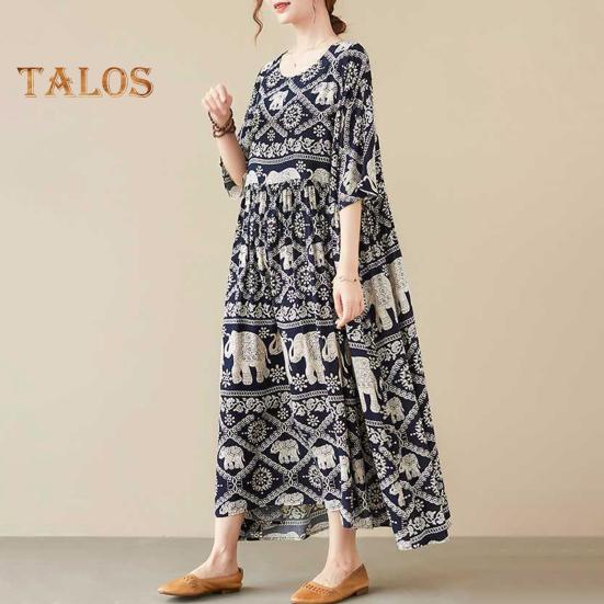 Boho Elephant Floral Print Maxi Dress for Women Oversized Cotton Linen Long Dress Casual Short Sleeve Beach Sundress