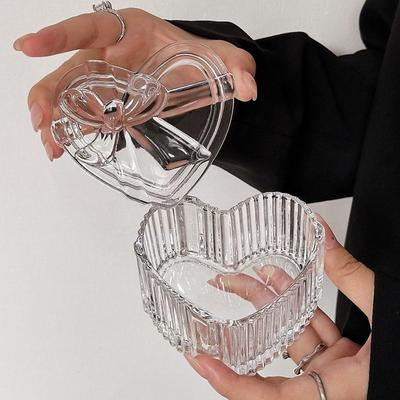 3Pcs Transparent Crystal Glass Jewelry Storage Box Heart-Shaped Decorative Ring Earrings Gift Boxes with Lid Exquisite