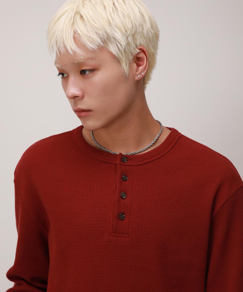 Dibellobeu Basic Henley Neck Waffle Long Sleeve_Burgundy