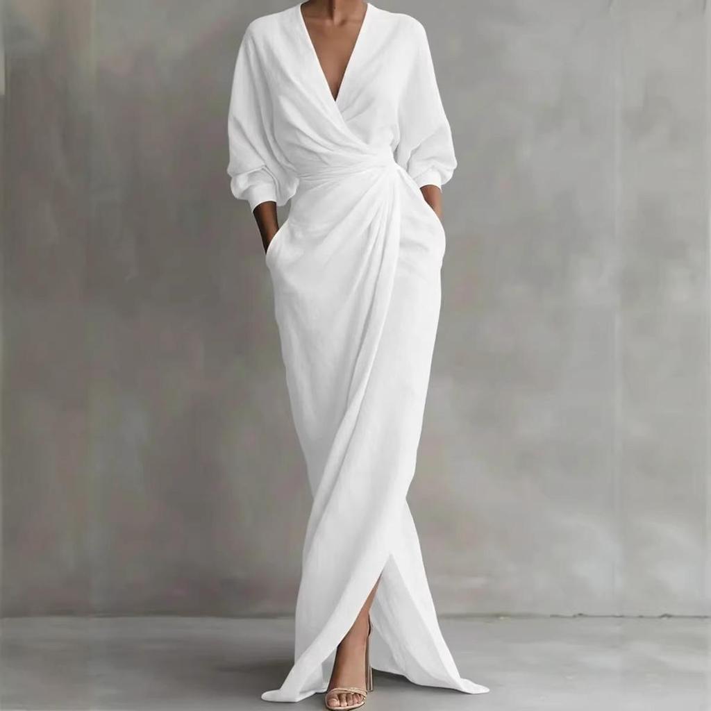 Elegant Solid V-neck Long Sleeve Slit Maxi Dress with Pockets