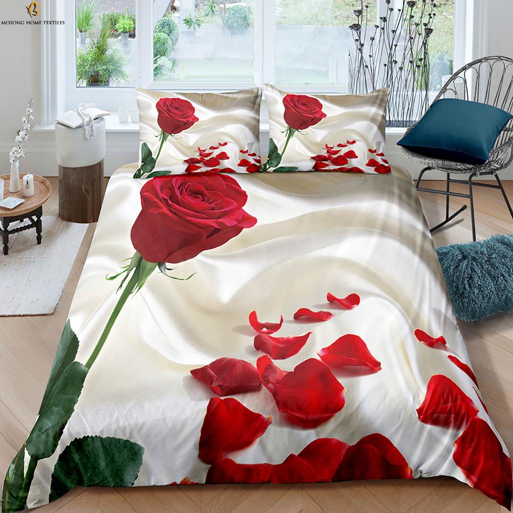 Retro Red Rose 3d Printed Quilt Cover Romantic Gift Bedding Set Quilt Cover Pillowcase Three-Piece Set 100% Polyester