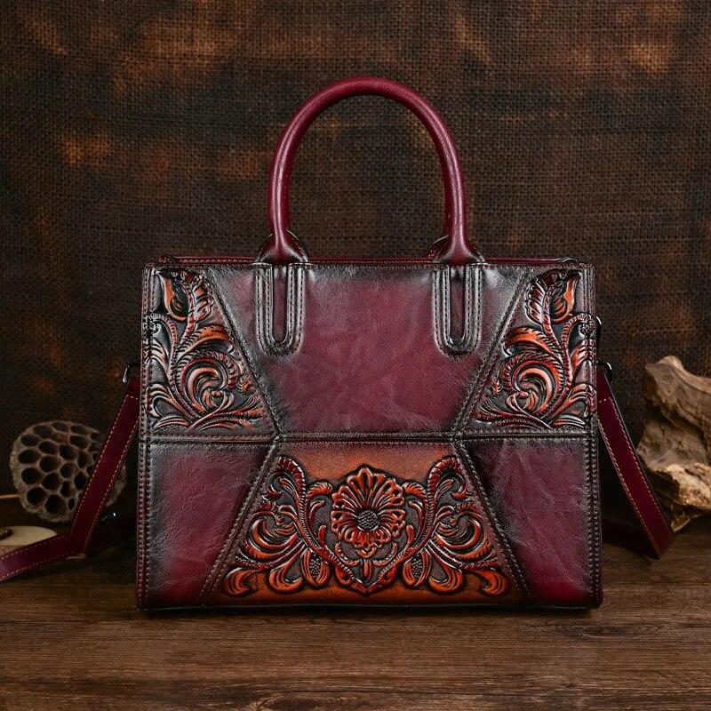 Johnature Retro Embossed Spliced Women's Leather Bag Large Capacity Versatile Shoulder Crossbody Bags