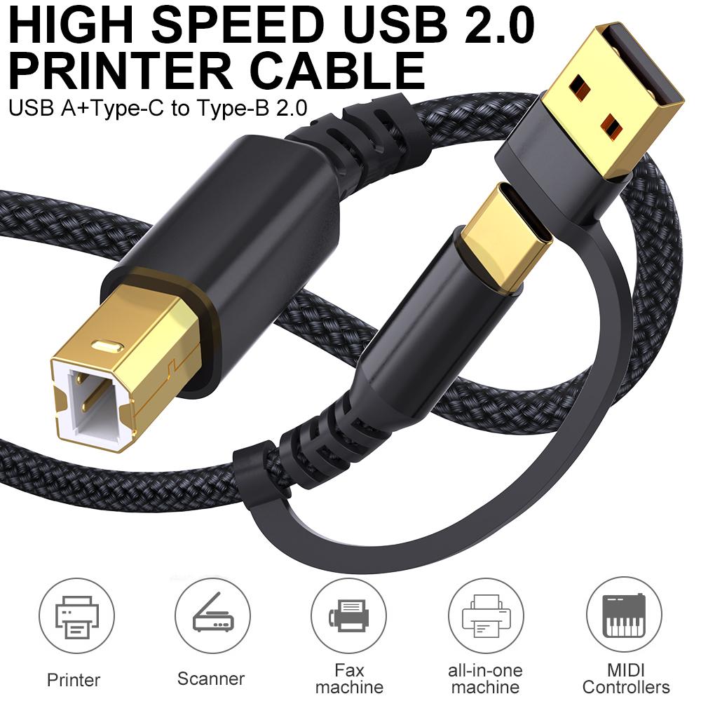 2m USB/Type-C to Square USB Type-B 2 in 1 Printer Cable Braided Printing Connection Cord