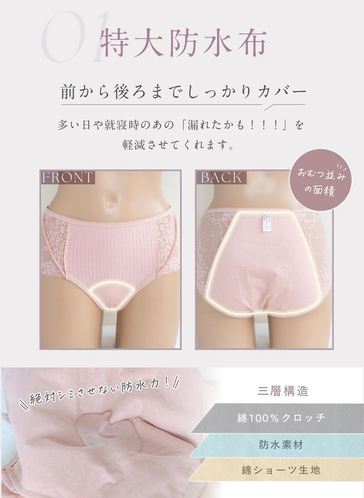 Lace Waterproof Sanitary Extra Wide Menstrual Panties 1 [PANSELINA] Shorts, Cotton, Guard, Leak-Proof, High-Rise, (XL, Black, Pair)