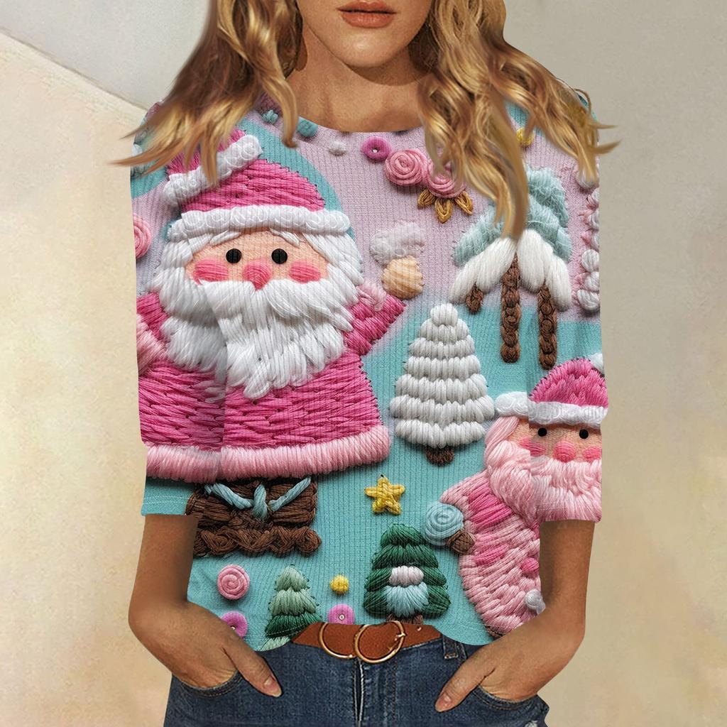 Damenmode und Winter Lässiges Rundhals-T-Shirt mit gebürstetem, geripptem Weihnachtsdruck und Dreiviertelärmeln, Damenbekleidung