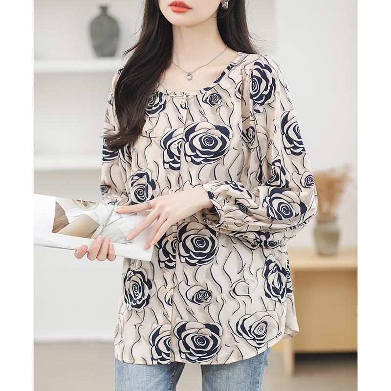 Temperament Round Neck Elegant Casual Shirts Women Tops Spring Long Sleeve Print Floral Loose Blouse Women Vintage Button Up Office Ladies Shirt 26328