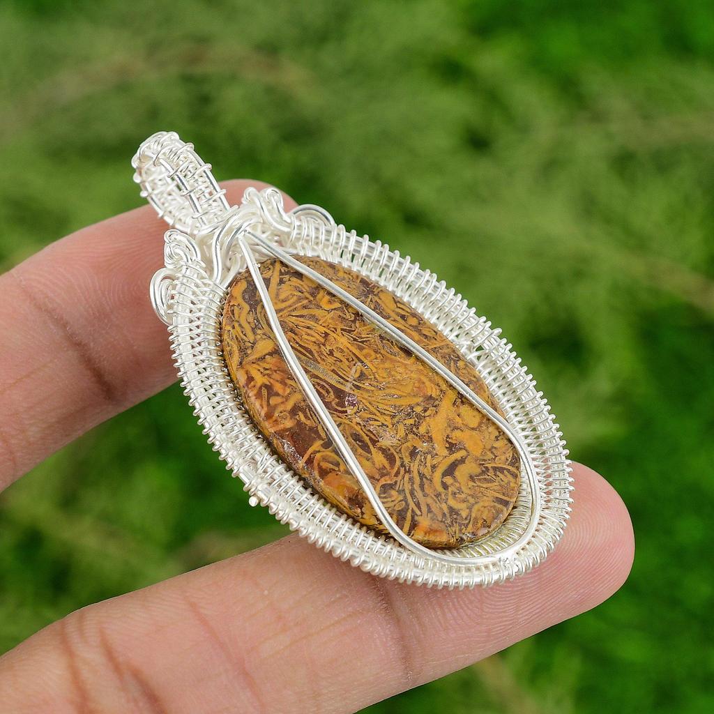 Daughters Day Sale Natural Mariam Jasper Sterling Silver Wire Wrapping Pendant