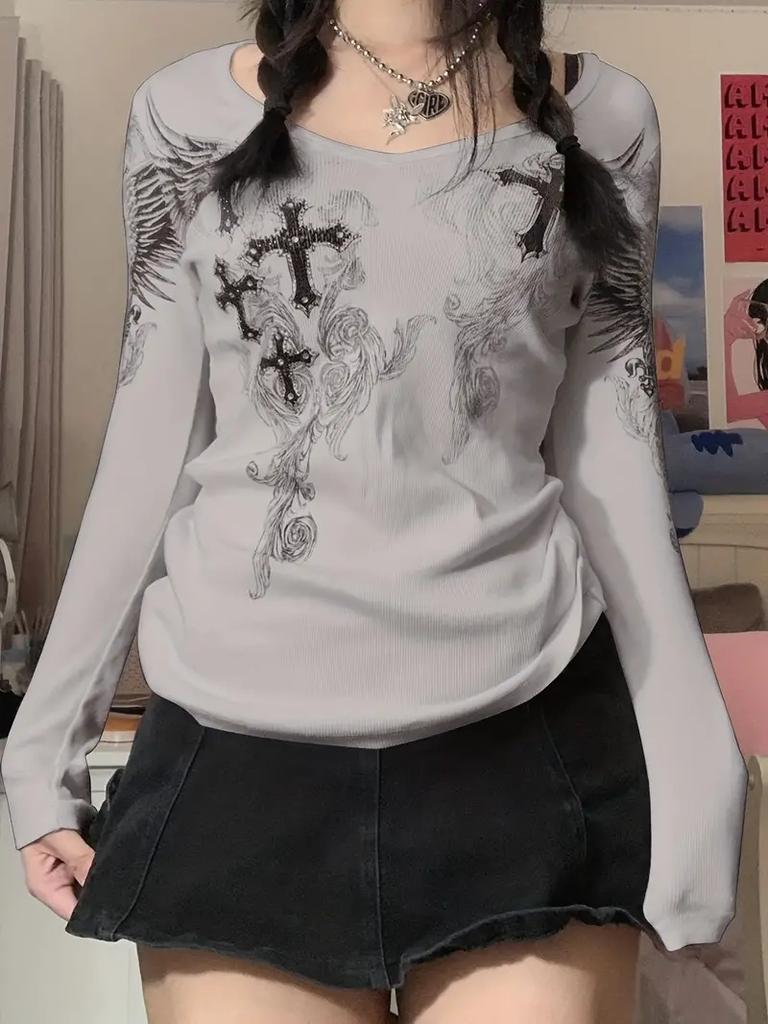 Mode Grafik Kreuz Flügel Druck Langarm Frauen T-shirt Y2k Top Harajuku T 2000s Ästhetischen Punk Stil Kleidung Streetwear