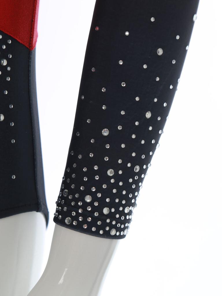 Dívčí barevně blokové baletní triko lesklé umělé diamanty kamínky dlouhý rukáv gymnastický balerínkový overal