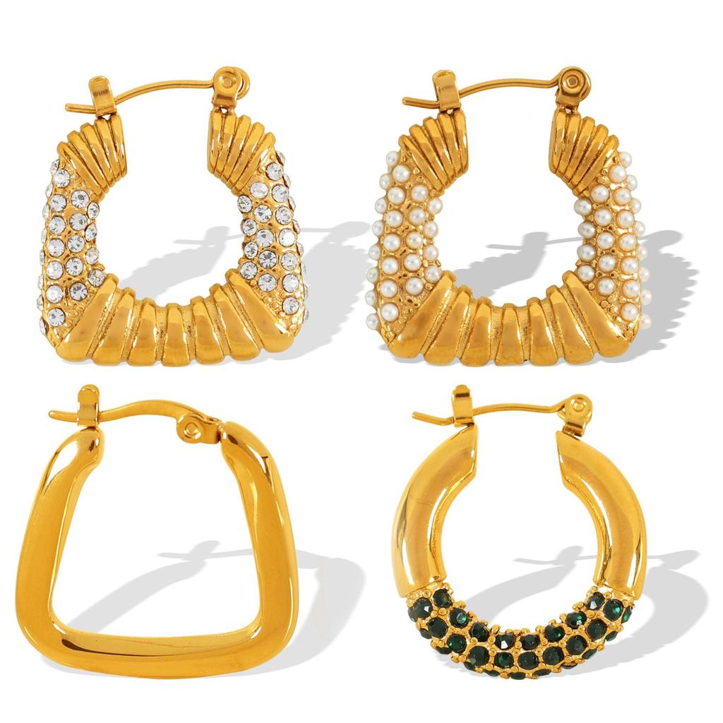 Light Luxury Personality Fashion Design High Sense Earrings Gold Plated Titanium Steel Geometric Zircon Inlaid Earrings