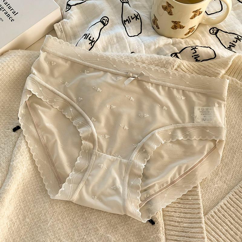Women Mid Waist Ice Silk Lace Solid Color Antibacterial Crotch Comfortable Ladies Panties
