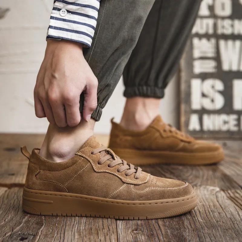 Velvet Men's Workwear Board Shoes  New Vintage Versatile Trendy Shoes with Thick Leather Soles and Elevated Casual Shoes Men