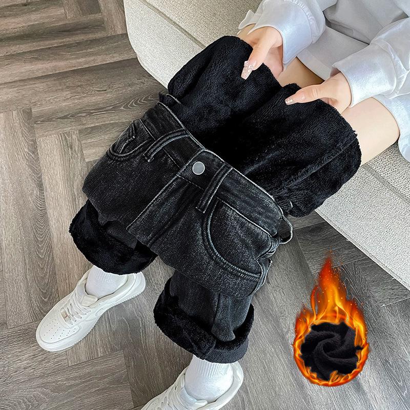 Women s Black-Gray High-Waisted Fleece-Lined Wide-Leg Jeans S