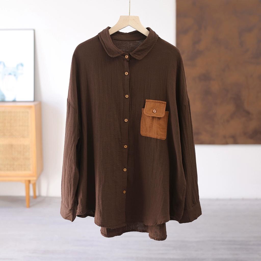 Dimanaf 2025 Jarní halenka Košile Tričko velké velikosti Ženy Len Dlouhý rukáv Kapsy Módní topy Trička Volná trička Novinka
