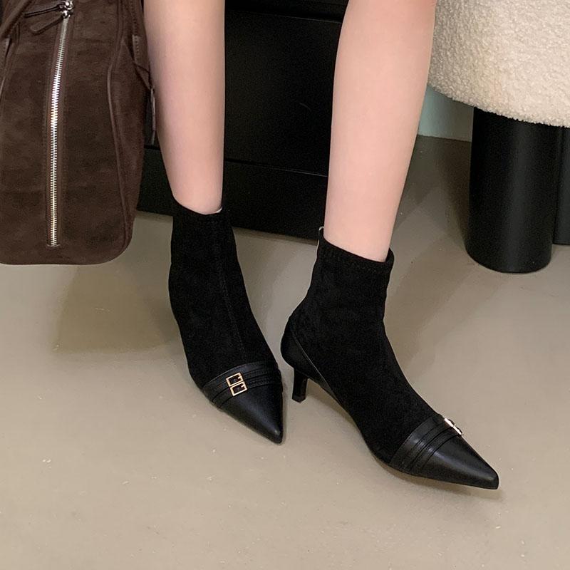 Fashion Fashion Thin Heels Ankle Modern Boots Shoes For Ladies Female Pointed Toe Footwear Flock Women Short Boots Zippers Shoes