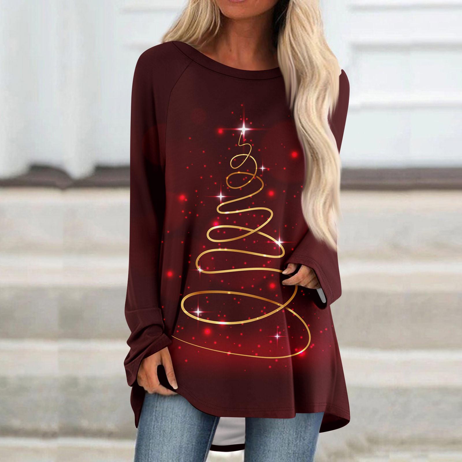 

Женский модный свободный свитер средней длины с круглым вырезом и рождественским принтом, рукава реглан, повседневный топ с длинными рукавами XL киноварь