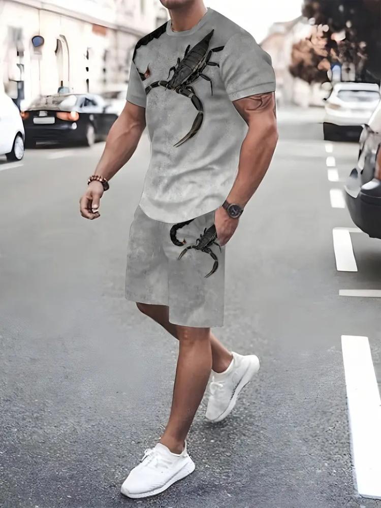 3D White Tiger Print Blue Summer Men's Short Sleeve Suit Fashion Street Short Sleeve Shorts
