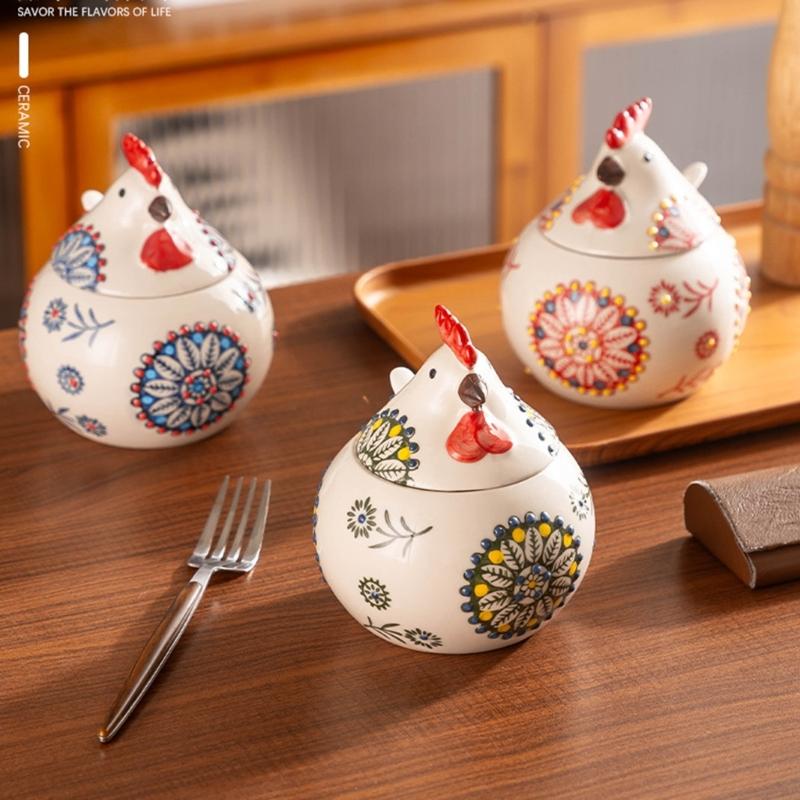 Ceramic Seasoning Container Chick Designs Sealable Lid Included Measuring Utensils For Cooking Essential