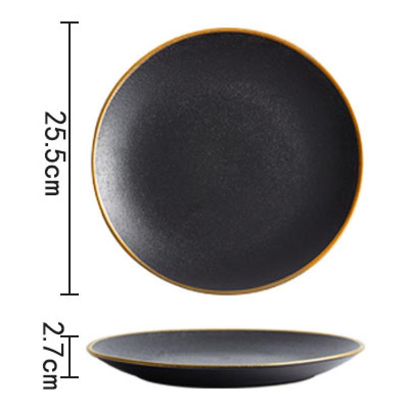 Frosted Black Ceramic Dinner Plate with Gold Border Round Steak Plate Hotel Restaurant Tableware Set Kitchen Utensils Porcelain