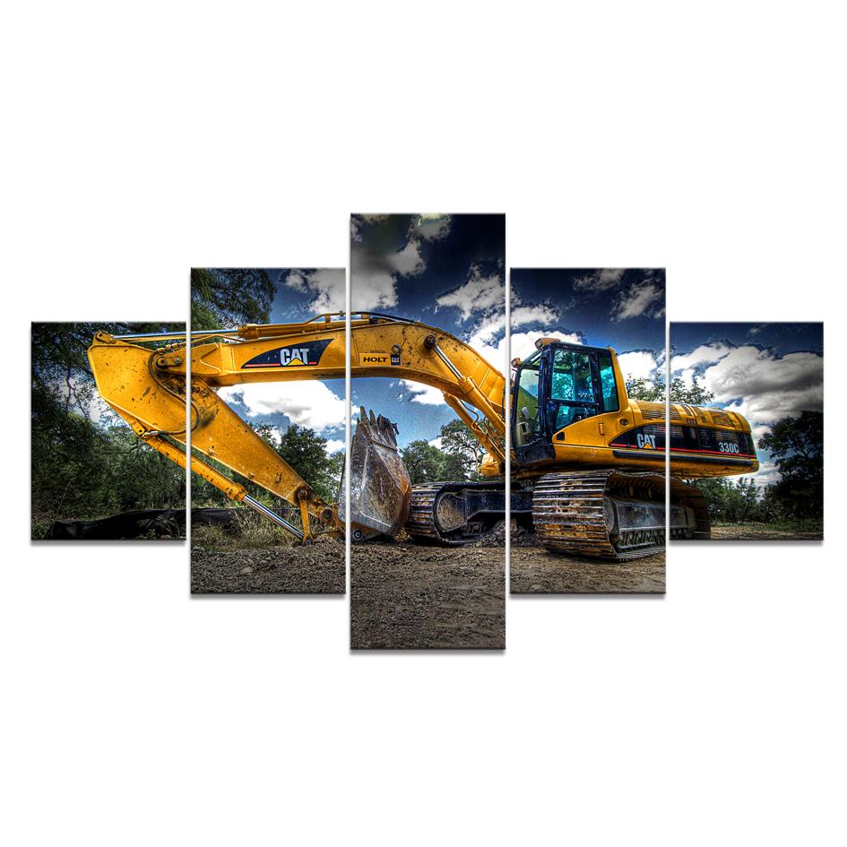 No Framed 5 Pieces Excavator Car Modular Wall Art Canvas Posters Pictures Paintings Home Decor for Living Room