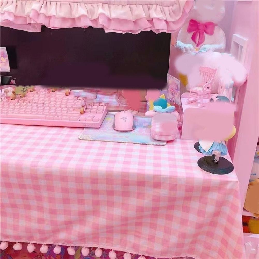 Girls Hot Pink Tablecloth Ins Cute Plaid Desk Cloth Dormitory Computer Wallpaper Mat New Kawaii Room Decoration Table Cover