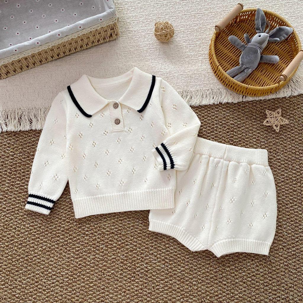 Boys' Pure Cotton Knit Sweater and Shorts Set - Long Sleeve Spring/Autumn, Suitable for Boys and Girls