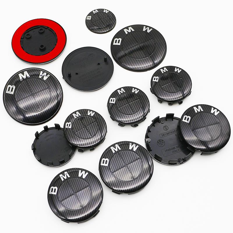 For BMW E46 82mm Hood F10 74mm Trunk Emblem 7Pcs Full Black Carbon Fiber Badge Set E90 68mm Wheel F30 Steering G20 X5 M4 Auto