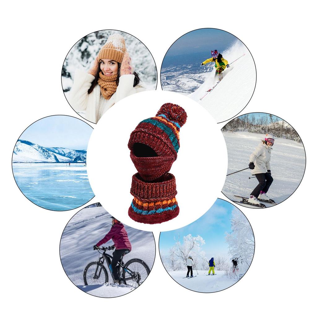 3 in 1 Winter Knitted Beanie Hat Face Cover Scarf Set Warm Fleece Lining  with Pompom for Women Girls