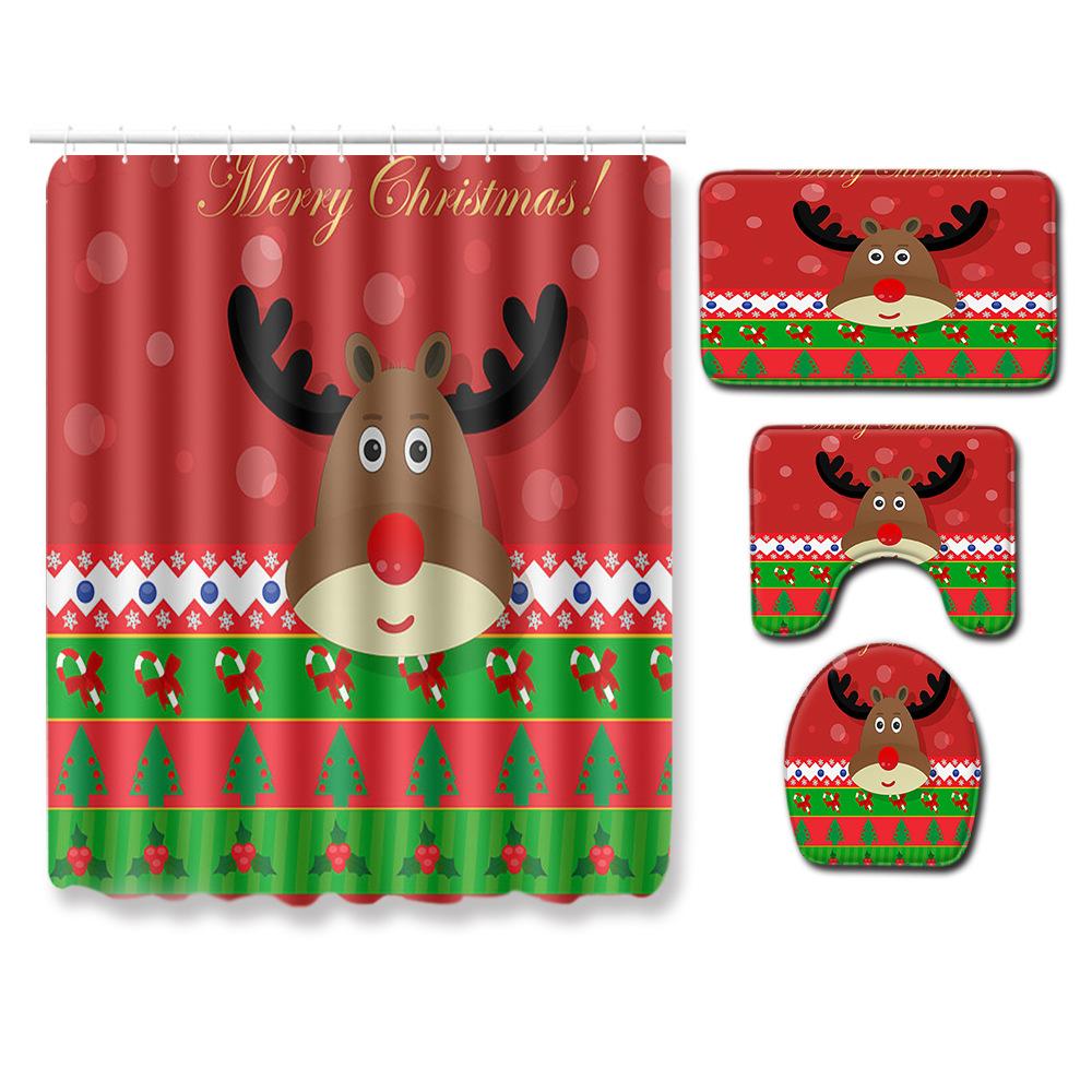 3D Digital Printing Christmas Waterproof Shower Curtain Four-Piece Bathroom Non-Slip Door Mat Toilet Absorbent Floor Mat Carpet