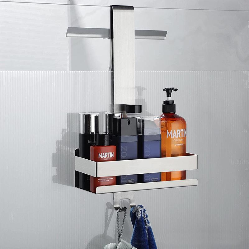 Bathroom Door Back Hanging Shelf Stainless Steel Over Glass Door Storage Rack Shampoo Holder Toiletries Storage Tray with Hook