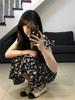 Black Floral Print Puff Sleeve Midi Dress for Women - Summer 2026, Waist-Cinched Slimming Style with Printed Roses