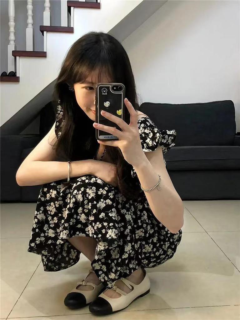 Black Floral Print Puff Sleeve Midi Dress for Women - Summer 2026, Waist-Cinched Slimming Style with Printed Roses