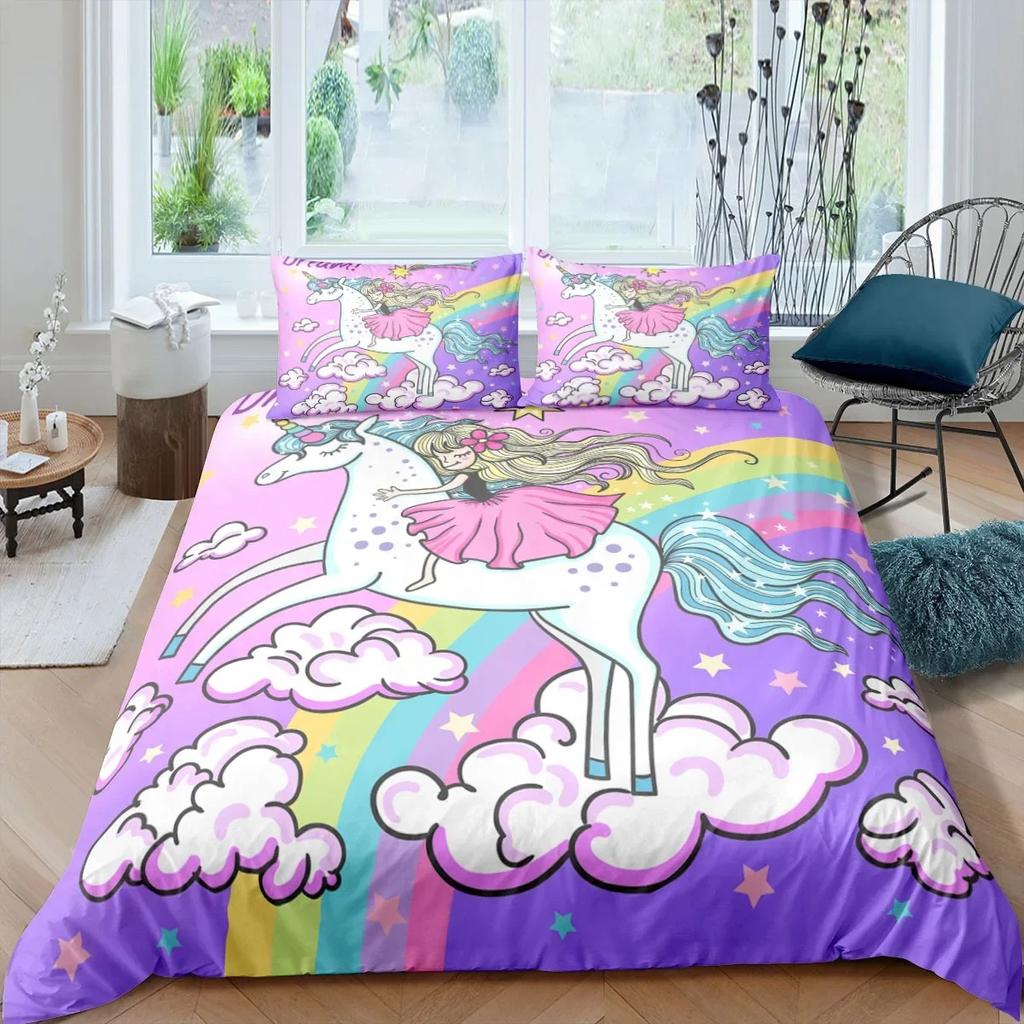 3D Colorful Unicorn Duvet Cover with Pillow Cover Bedding Set Single Double Twin Full Queen King Size Bed Set for Bedroom Decor