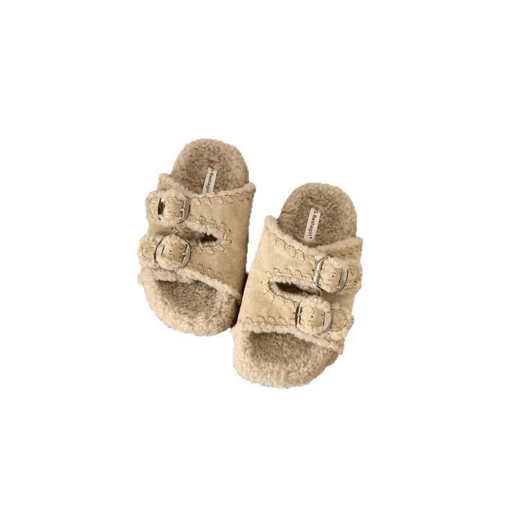 2025 autumn and winter new Korean version of one-word fluffy slippers women wear thick-bottomed plush thermal cotton slippers fluffy slippers