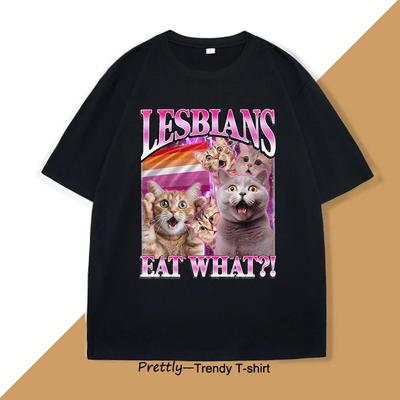 Lesbians Eat What T-Shirt Funny Cat Pride Thirt LGBTQ Tshirt Meme Vintage Cats Lover Tee Round Neck Women Short Sleeve Tees