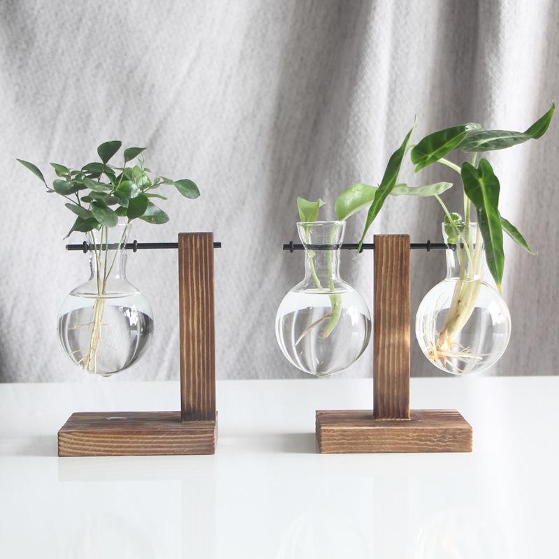 Creative Wooden Frame Hydroponic Vase with Glass Container for Desktop Decoration