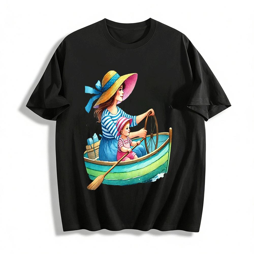 Mom And Kid Boating Vacation Print Casual Summer Top Pure cotton T-shirt XXS